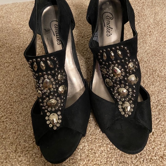 Candies Black Suede Jeweled Heels, Size 9.5 - Picture 3 of 7